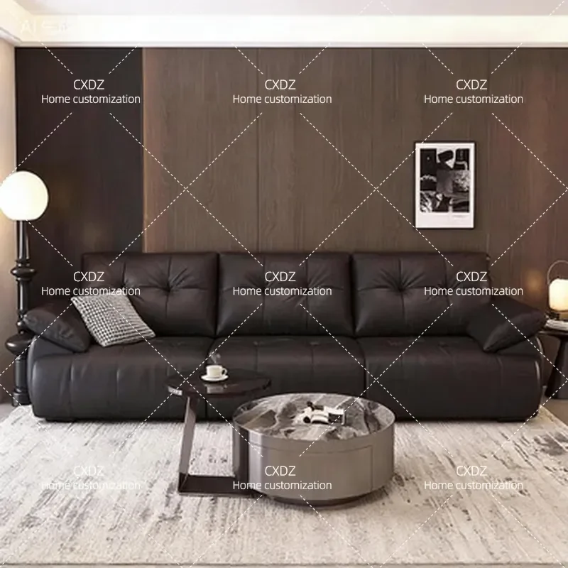 Modern Minimalist Black Leather Sofa Straight Row Cloud Design Light Luxury Living Room Furniture for Apartment Home Decor