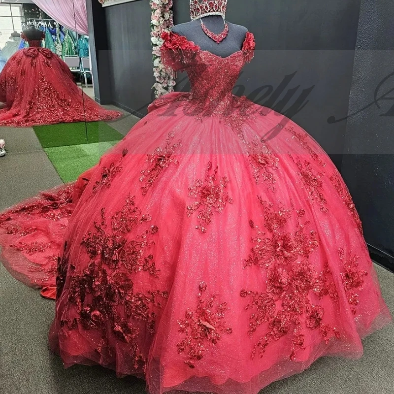 

Высококачественные красные платья Quinceanera с кисточками для девочек 15 лет, бальное платье с 3D цветочной аппликацией, кружево Sweet 15 Años, мексиканское индивидуальное платье