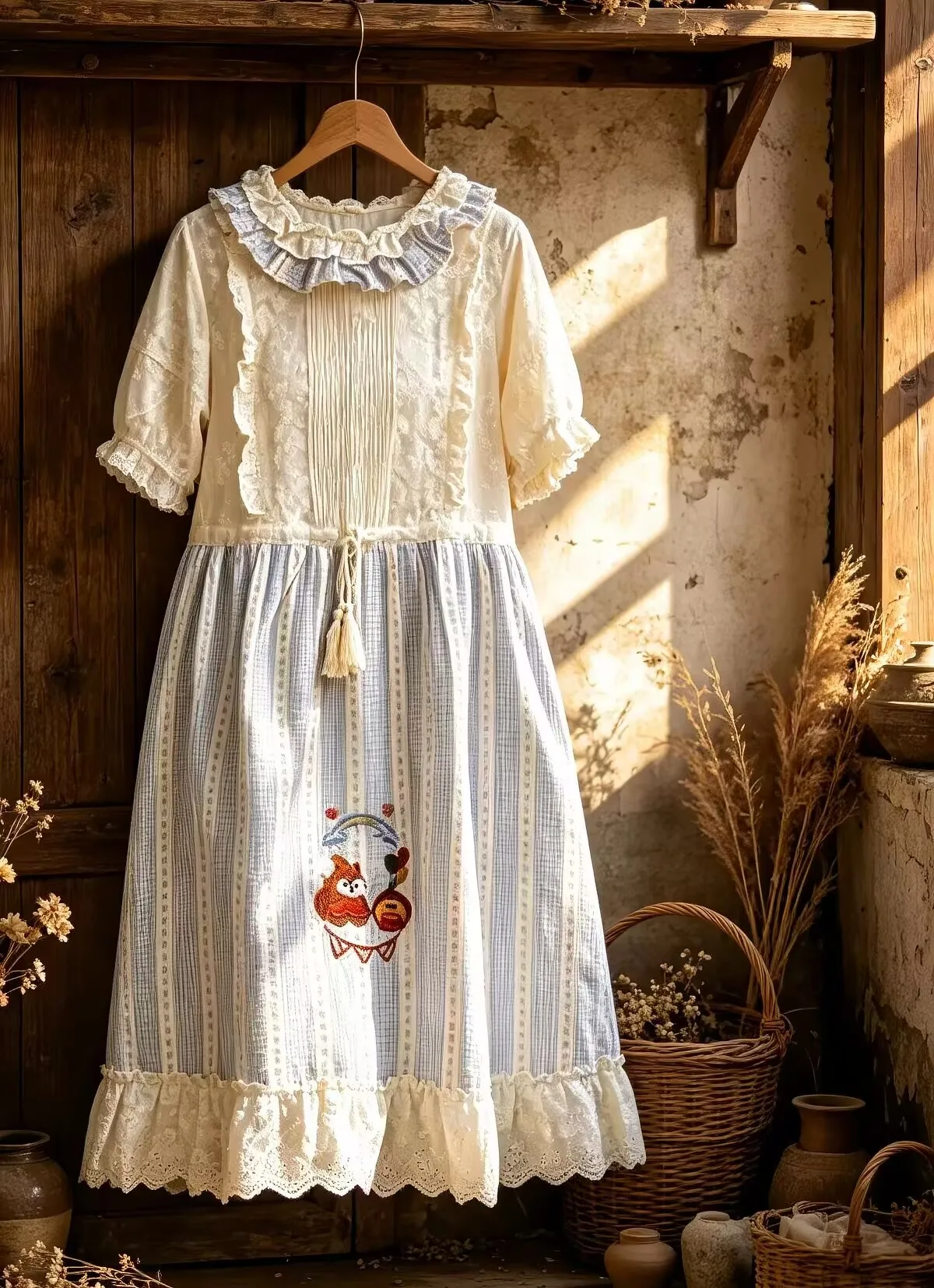 Cotton Lace Patchwork Victorian Rococo Sweet Dress for Women Vintage Retro Chic Summer Lolita Mori Girl Long Dress