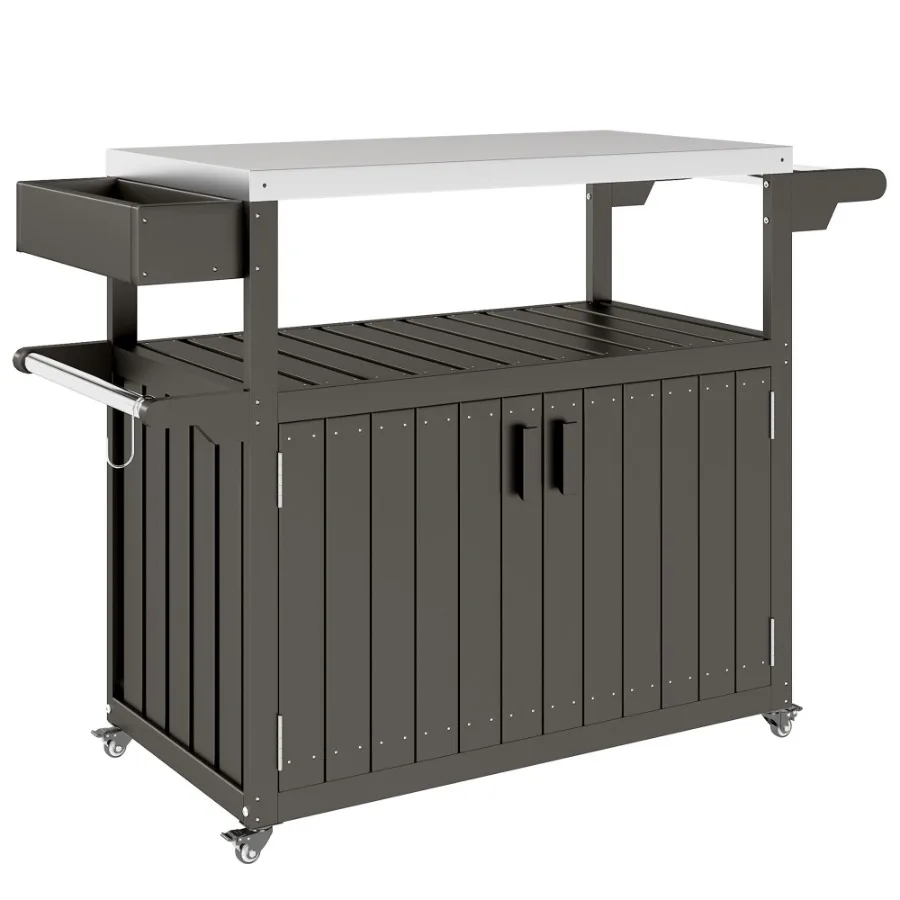 

Outdoor Bar Cart with Storage Stainless Steel Outdoor Bar Table Top Wheeled HDPE Kitchen Island for Food Prep Gray