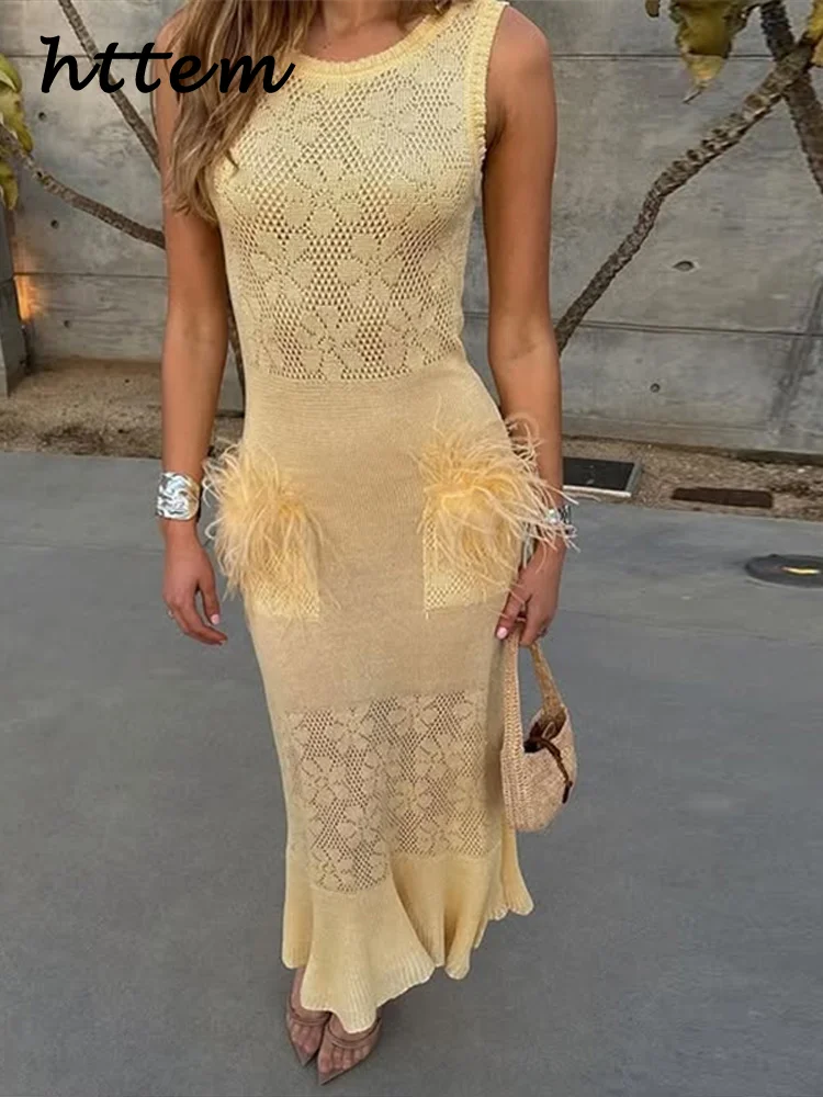 

Knitted Feather Long Mermaid Dress Women Elegant Hollow Out Sleeveless Female Party Dresses 2025 Summer Lady Spliced Beach Robes