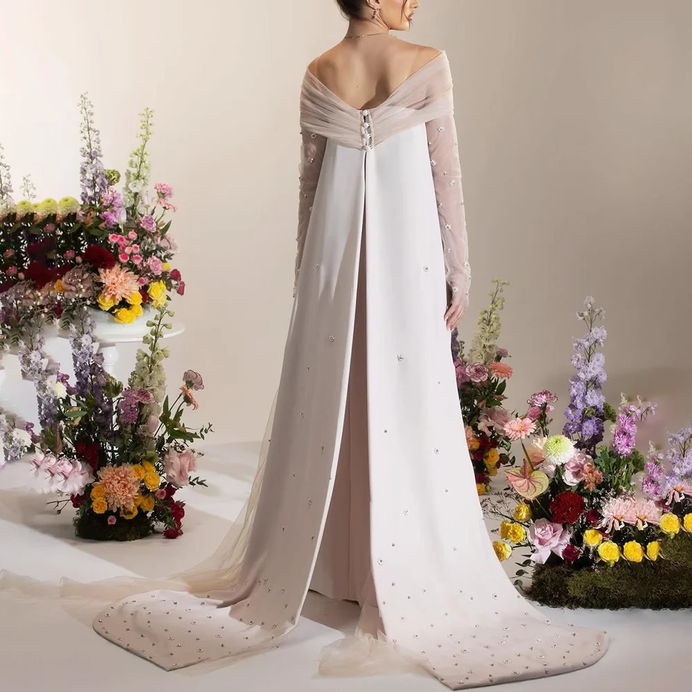 Robes de soirée de mariage élégantes col bateau manches longues perles robes de soirée exquises drapée balayage Train robe de soirée personnalisée