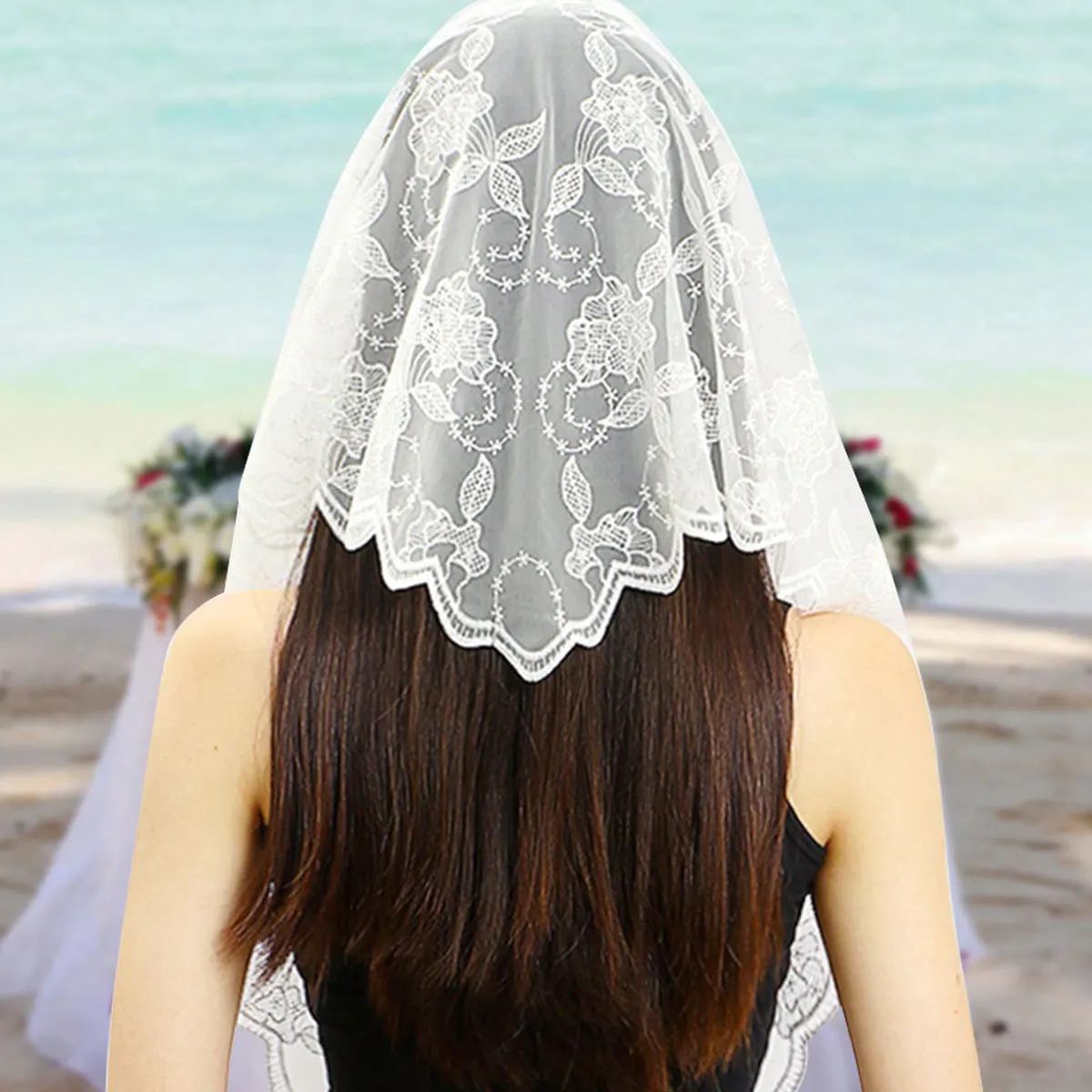 1Pc Simple Solid Color Polyester Triangle Scarf, Women's Breathable Decorative Scarf, Triangle Scarf Wedding Veil, Embroidered Shawl for Bride and Bridesmaid, Wedding Dress Shawl, Bridal Veil Lace Headscarf view 2