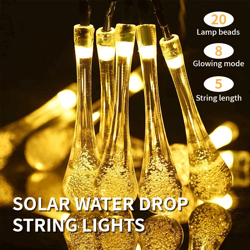 Solar Lights LED Water Drop String Lights Outdoor Waterproof Solar Teardrop Lights for Gardens Patio Yard Party Holiday Decor