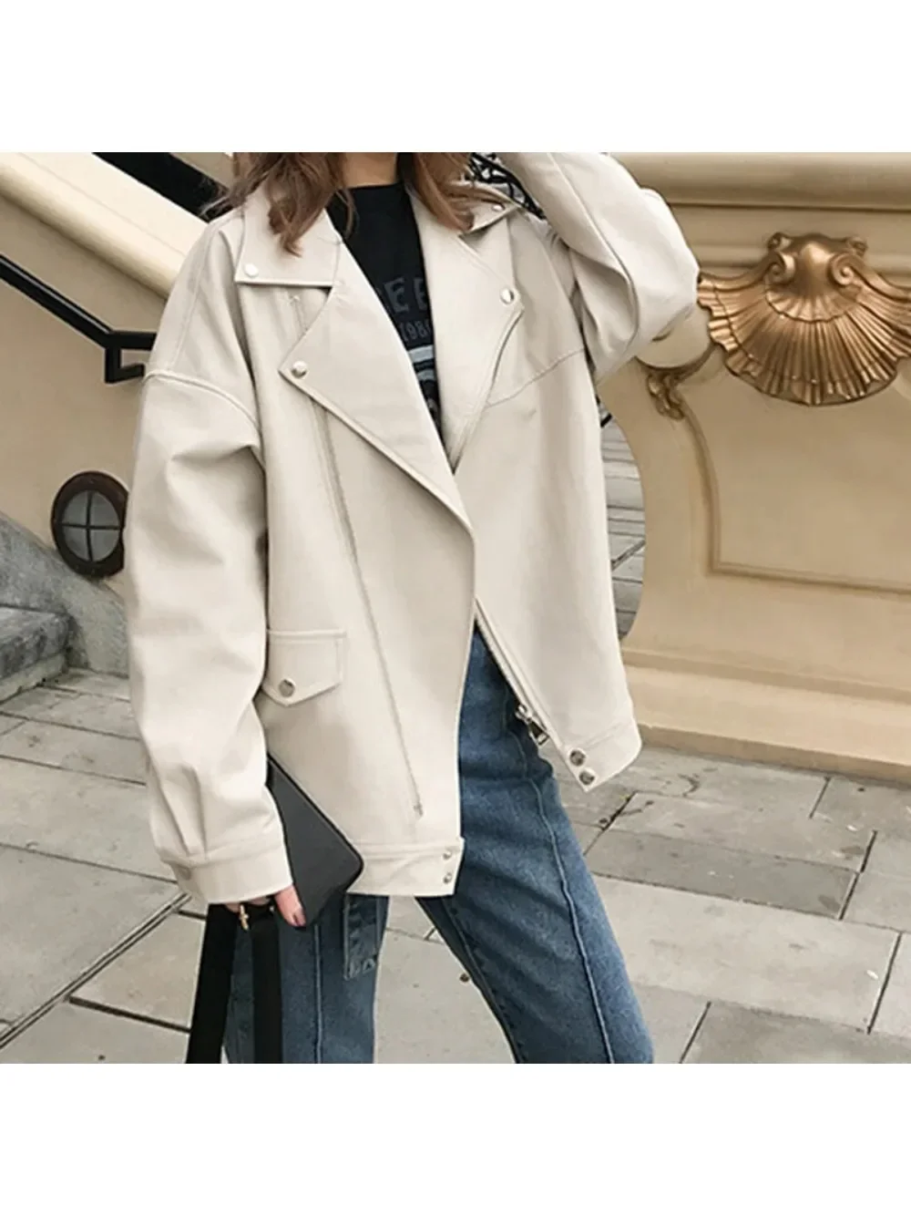 PU Loose Motorcycle Jackets Female Faux Leather Jacket Women Casual Streetwear Oversized Coat Korean Chic New Spring