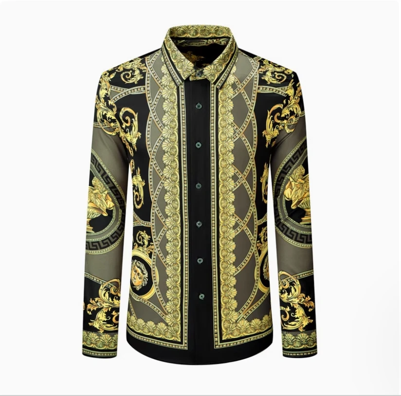 

Новая трансграничная внешняя торговля, модная повседневная популярная мужская рубашка с длинными рукавами и принтом в дворцовом стиле, облегающая