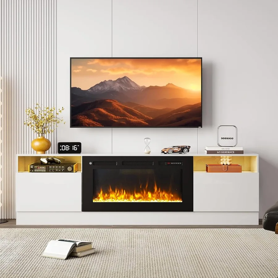 

80" Fireplace TV Stand LED Light Entertainment Center for TVs Up to 90" High-Gloss Door Modern TV Console for Living Room with