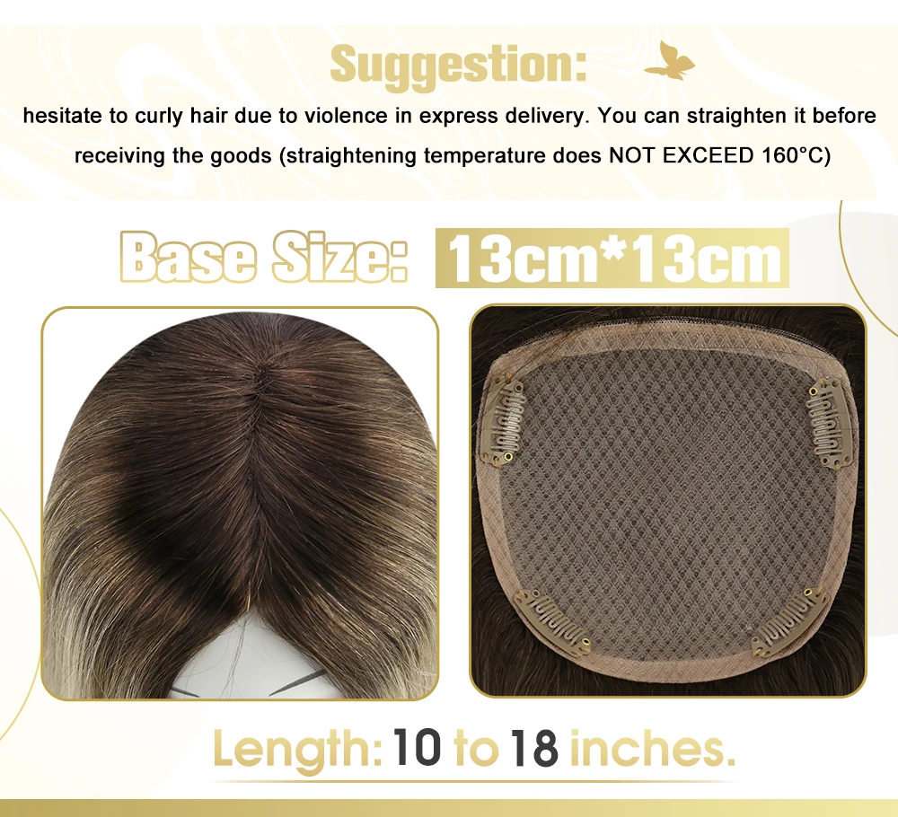 VeSunny Hair Topper Mono Base 100% Real Human Hair Hand Made Toupee Hair with 4 Clips 13*13cm 10-18\