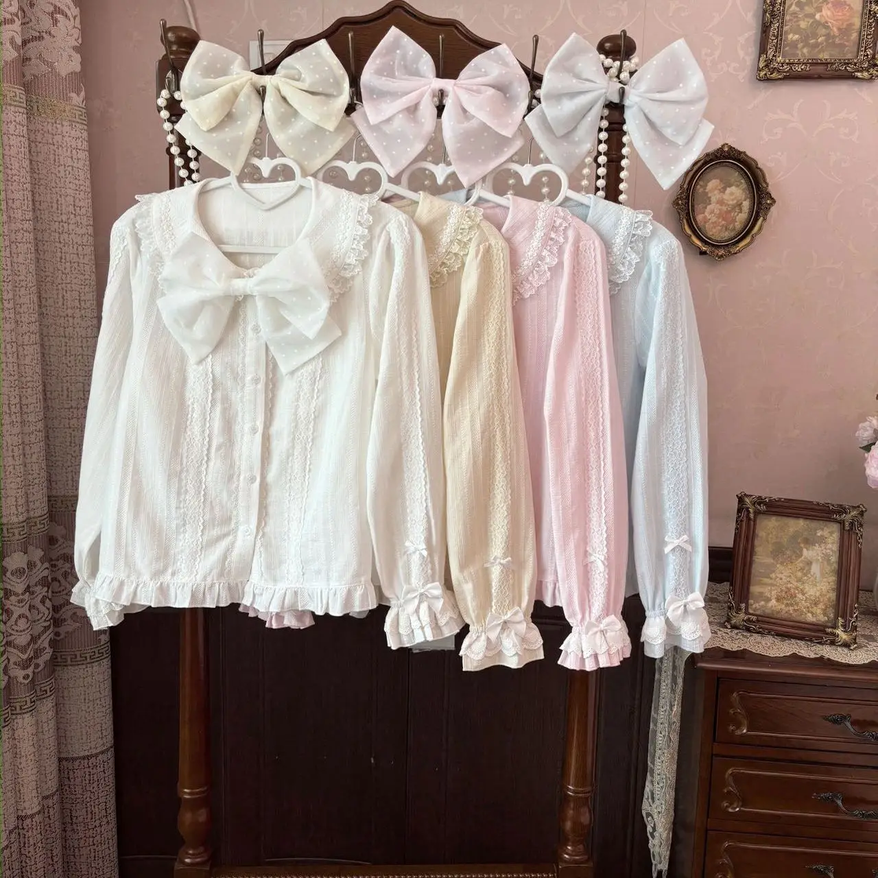 

Милая кружевная блузка Kawaii с длинным рукавом, милые милые рубашки в японском стиле для девочек, повседневная эстетичная рубашка с бантом в стиле Лолиты, женская шикарная рубашка