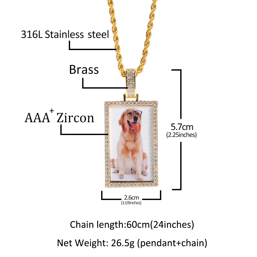 UWIN DIY Rectangle Picture Pendant for Women Iced Out Cubic Zirconia Medallion Charms Necklace Fashion Jewelry for Gift