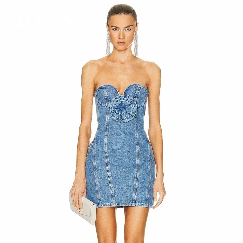 

JONN 2024 New Sexy Blue Denim Mini Dress Women Street Style Off Back Strapless Flower Tight Elegant Celebrity Party Dress