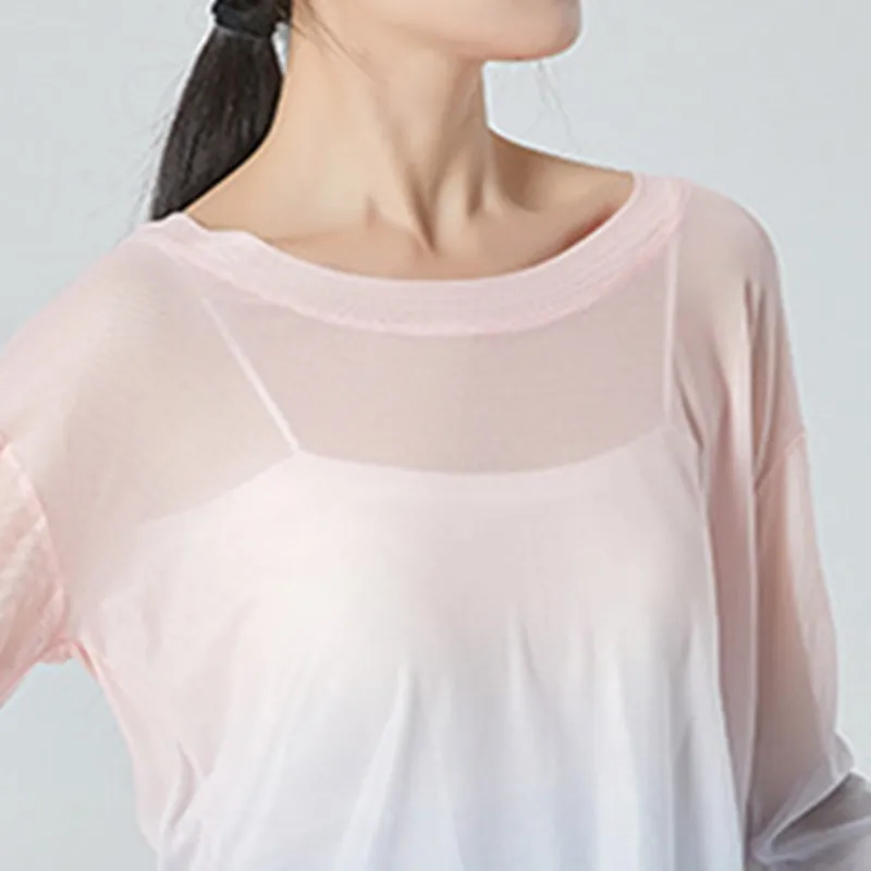 Gauze Top Sheer Flowy Body Rhyme Stretch Mesh Blouse Gradient Split Folk Dancer Shirt Long Sleeve 2 Colors Basic Wear Thumb Hole