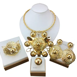 New Trendy Women Jewelry Set Brazilian Gold-Plated African Wedding Bridal Big Flower Pendant Necklace Gifts FHK18841