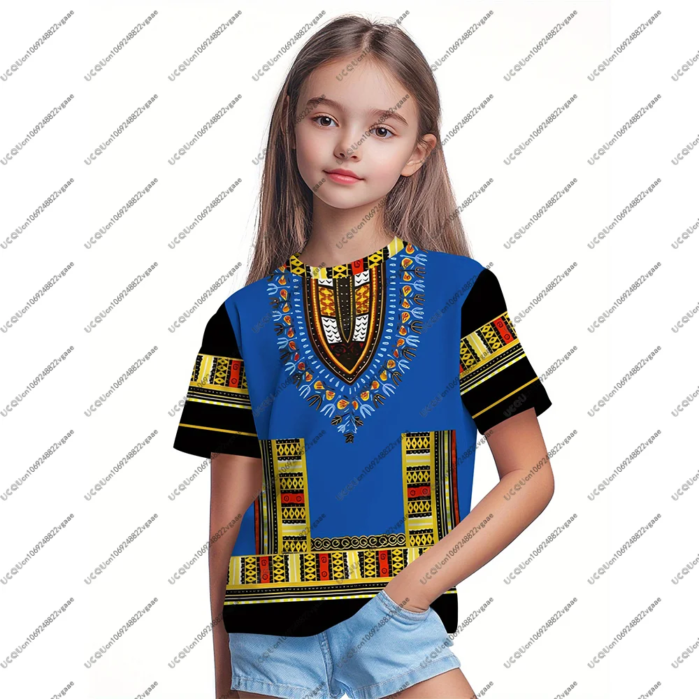 Retro esotico blu stile africano estate moda ragazze abbigliamento bambini attivi carino maglietta casual sport all'aria aperta maglietta regalo africano