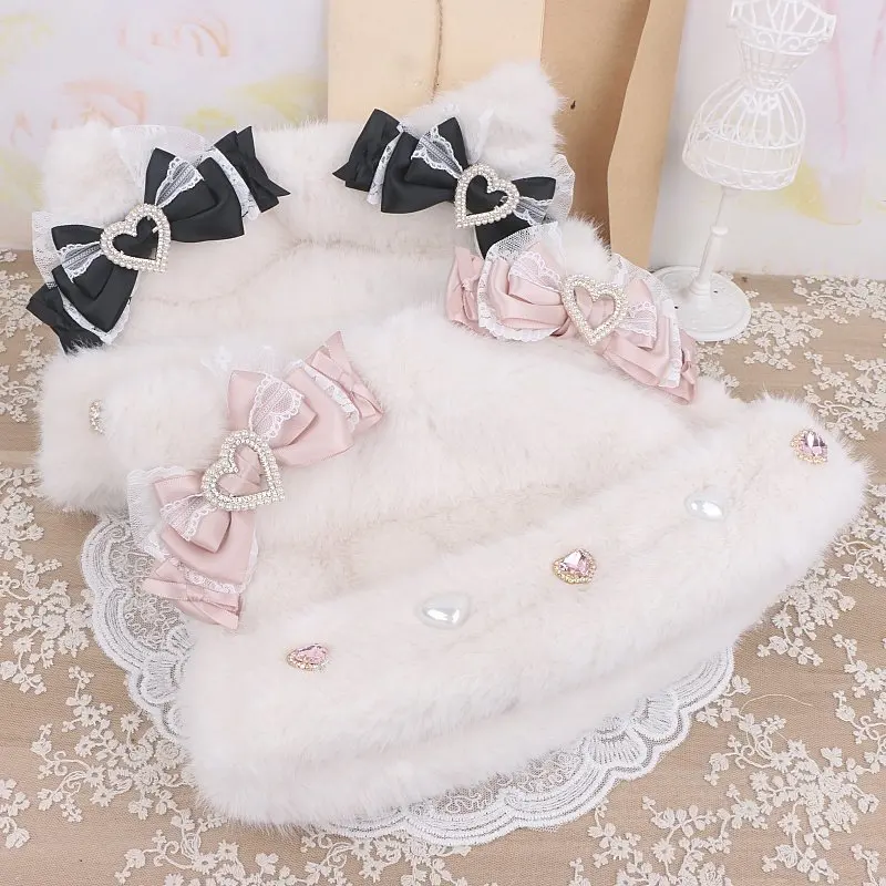 

Японская ручная работа, оригинальная массовая продукция, Лолита, милый бант для тяжелой промышленности, импортная кружевная плюшевая шапка со стразами, осень-зима для женщин