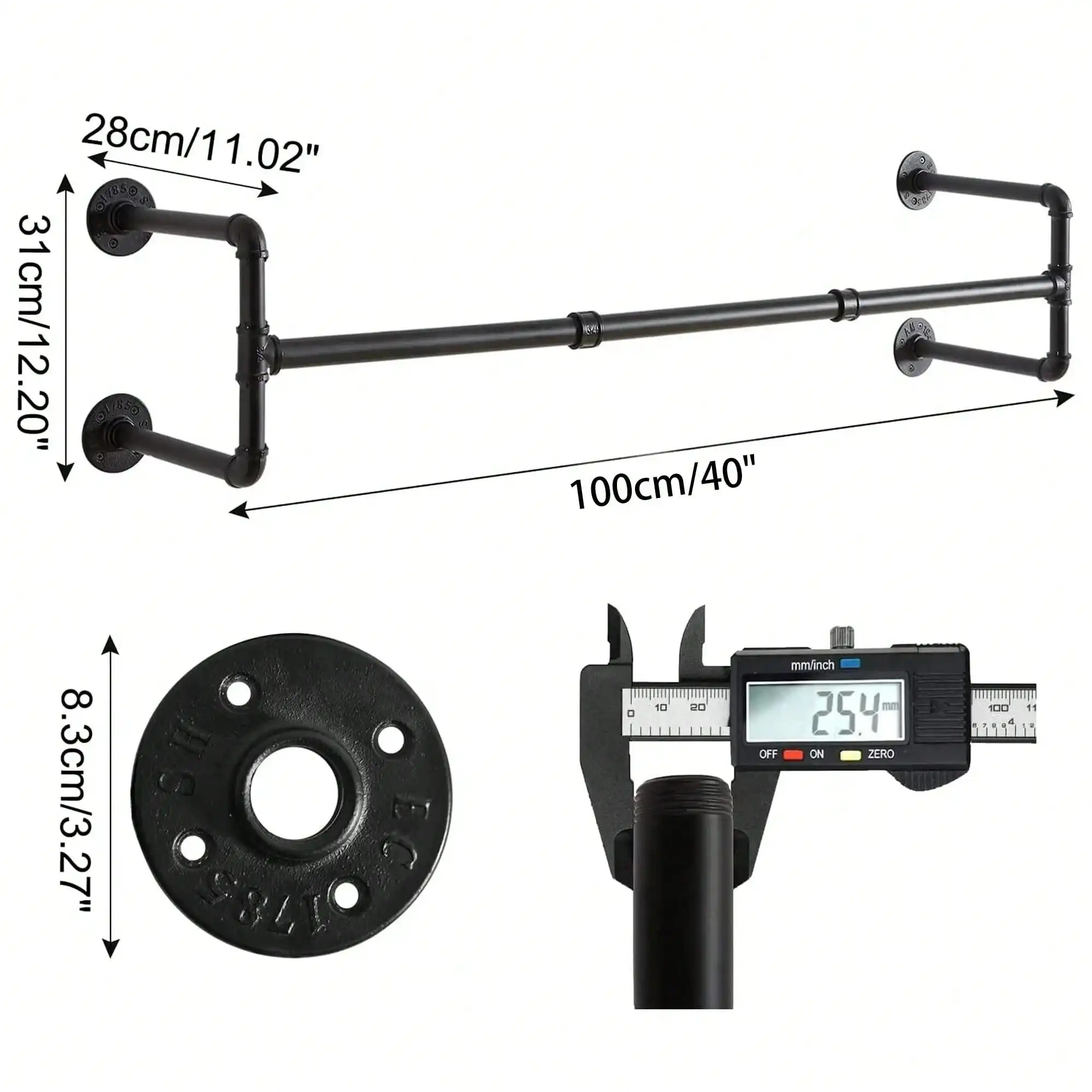 Industrial Pipe Clothes Rack Wall Mounted Black Heavy Duty Metal Garment Bar Unit Hanging Closet Rod Space Saving Rail System For Clothes Laundry Room Bedroom Retail Display Housewarming Gift view 6
