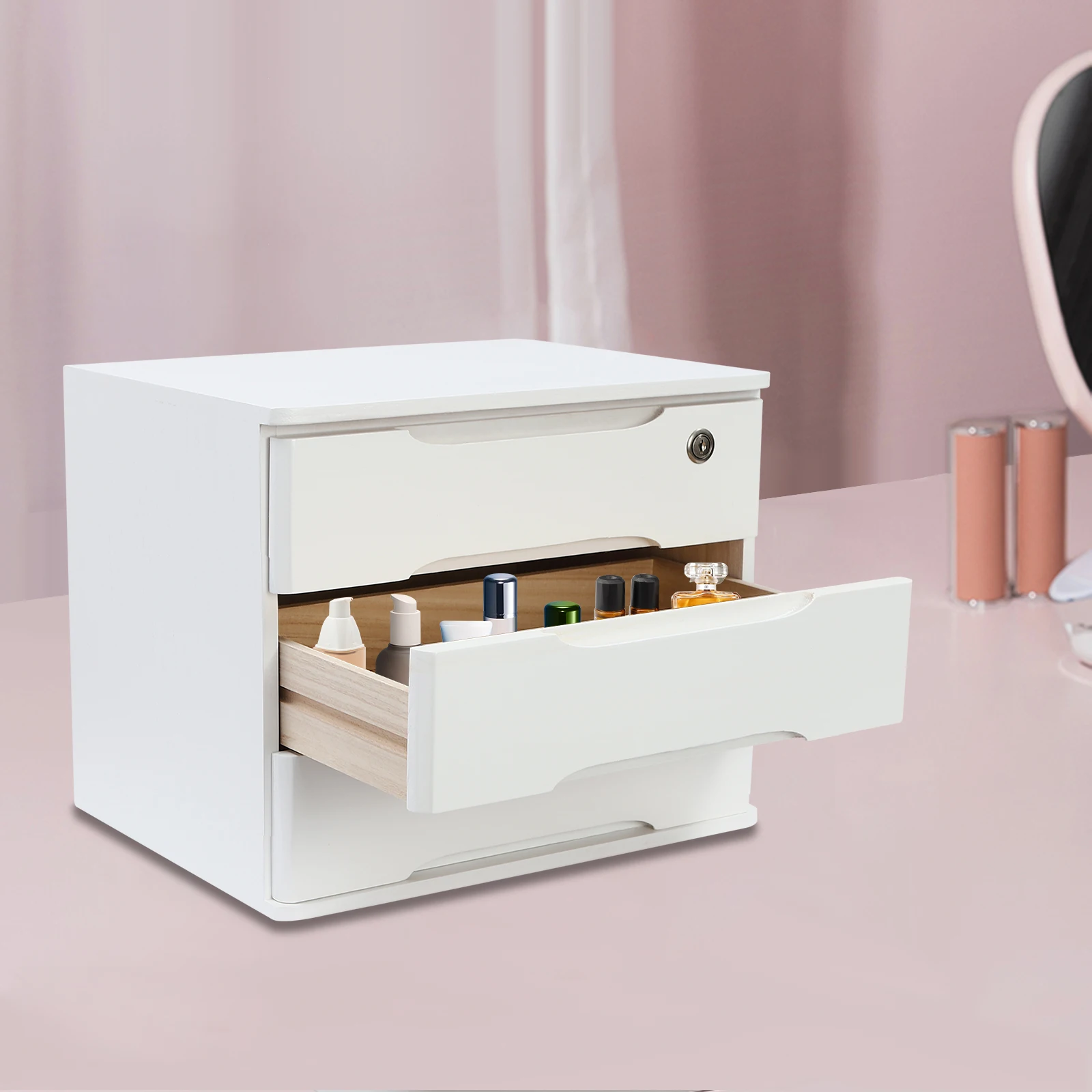 

3-Layer Locked Cabinet One Lock Head - White For Home Living Room To Store