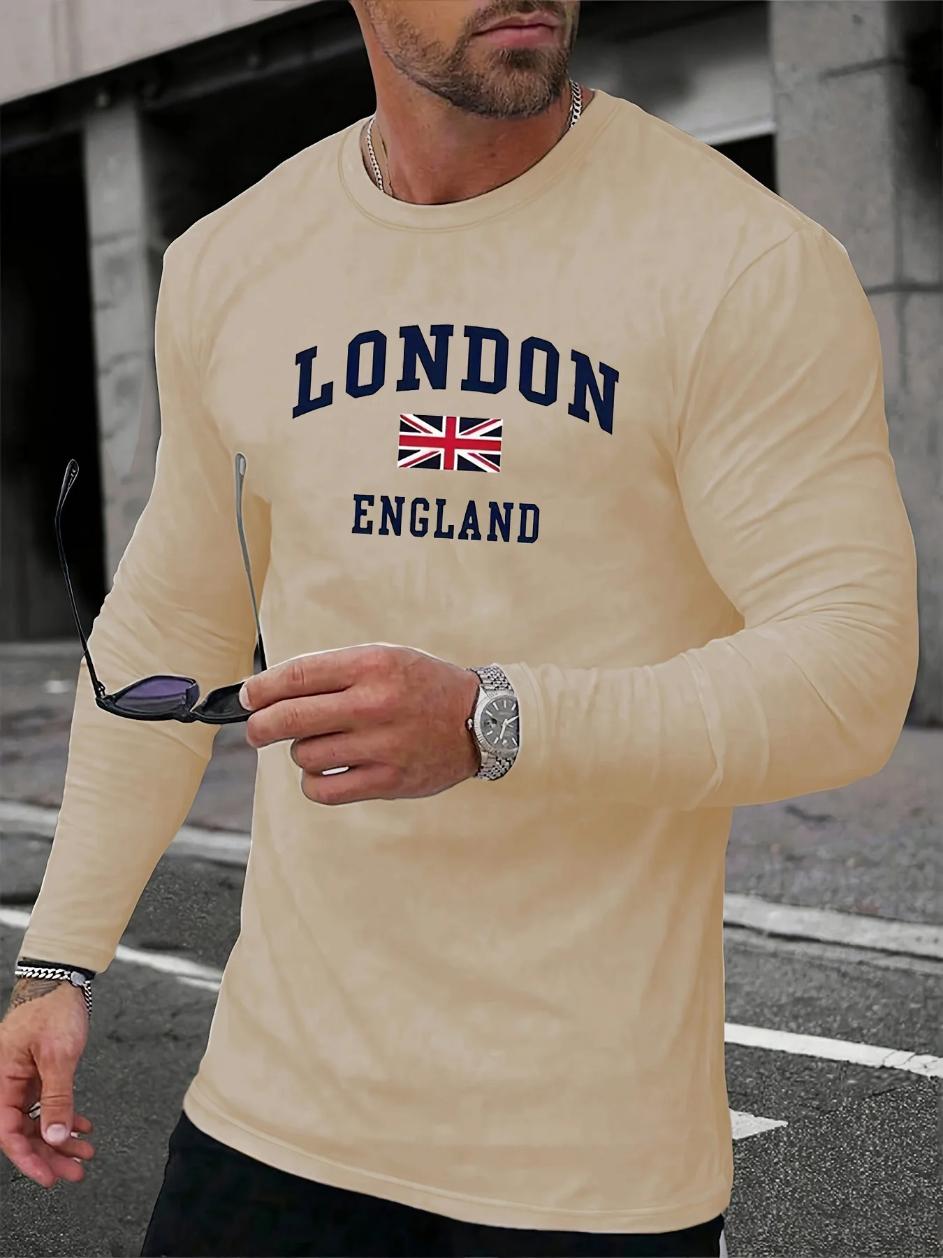 Men's 100% pure cotton loose and comfortable sports and leisure London ENGLAND printed round neck long sleeved T-shirt top