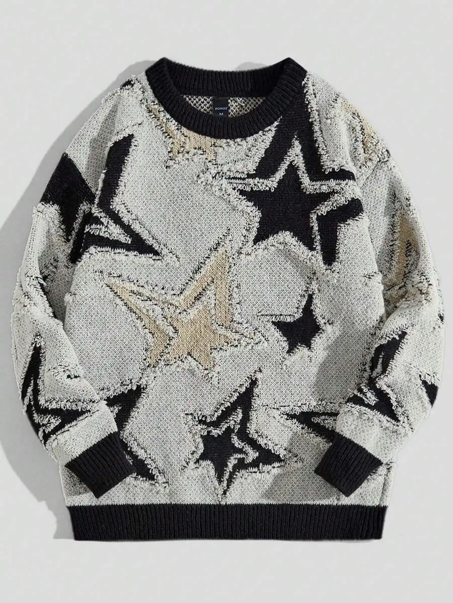 

Men's Loose Crew Neck Knit Sweater with Distressed Star Pattern, Casual Long Sleeve Top
