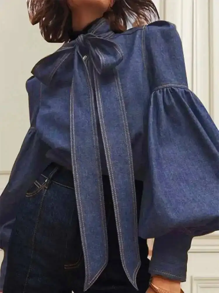 

New Trendy Imitation Denim Blouse Tops for Women Long Puff Sleeves Bow-Embellished High Neck Women's Autumn Shirts MS7