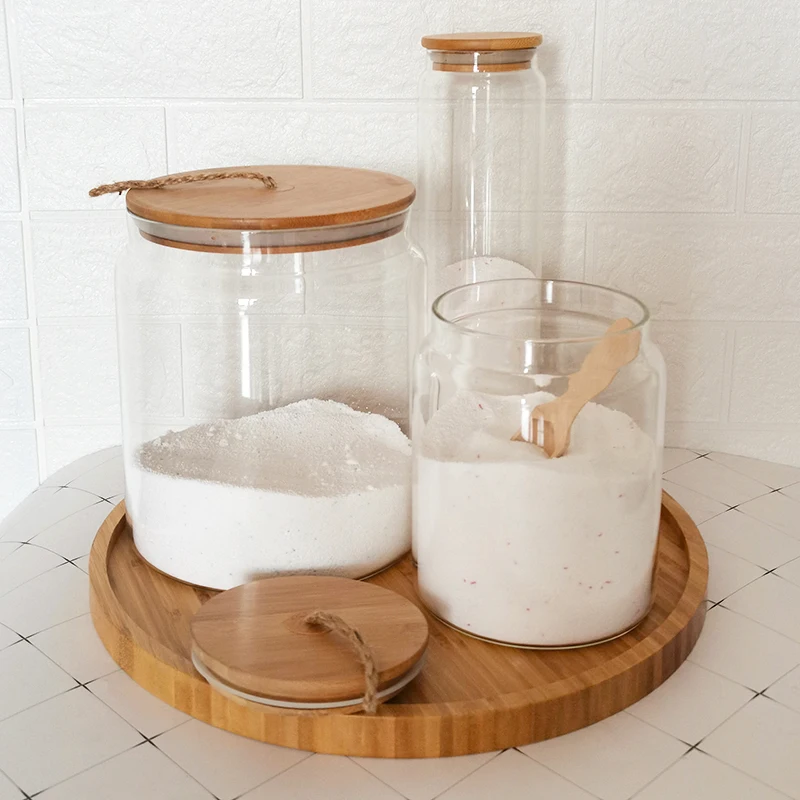 large size borosilicate glass storage jar bathroom laundry glass jar set with bamboo lid wood scoop tray