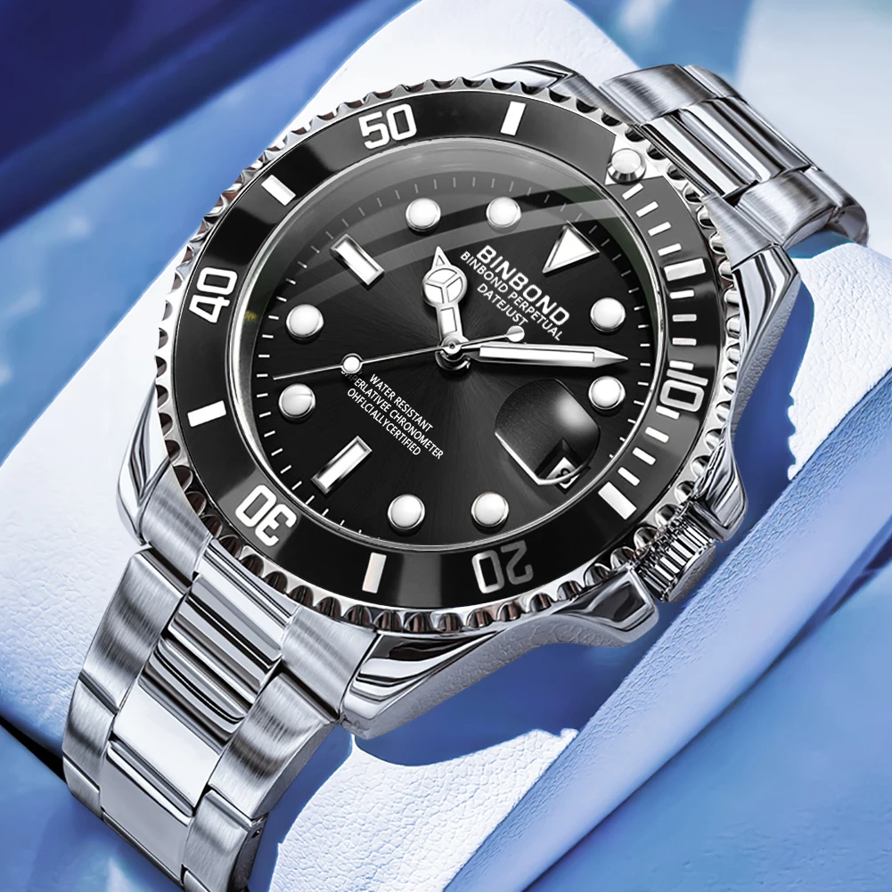 BINBOND Men's Watches 920G Trend Fashion Original Quartz Watch for Man Stainless Steel Waterproof Luminous Date Rotating Bezel