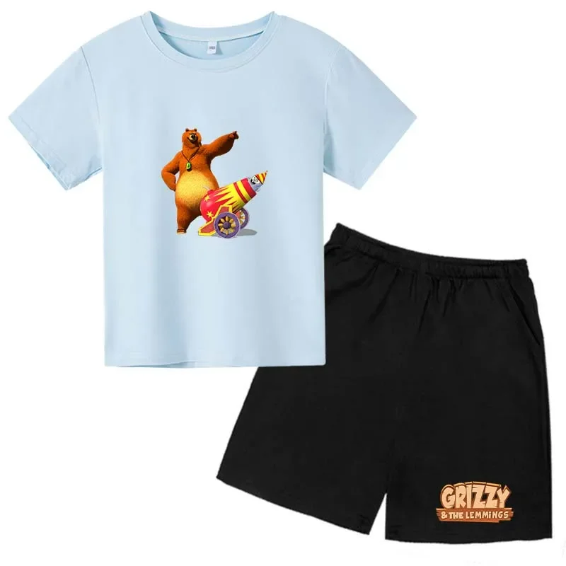 Kids Cartoon Grizzy Print Casual Short Sleeve T-shirts+Pants Suits 4-14 Years Boys Girls Summer Sports Outfits Children Clothes