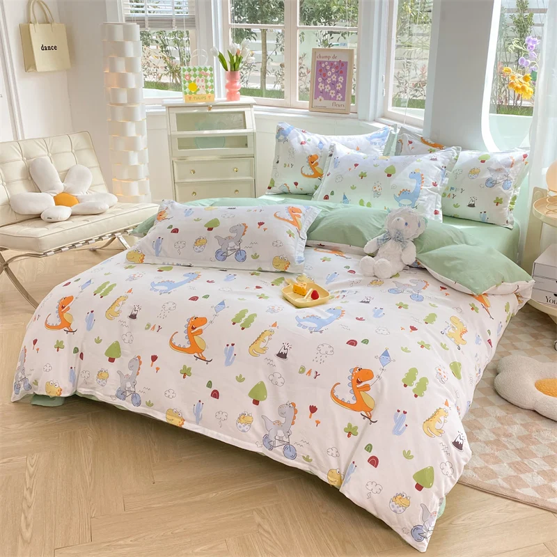 Funny Dinosaur Duvet Cover Set 100% Cotton Bedding Cartoon Dino Cute Dinosaurs Comforter Covers for Kids Girls Boys Home Decor