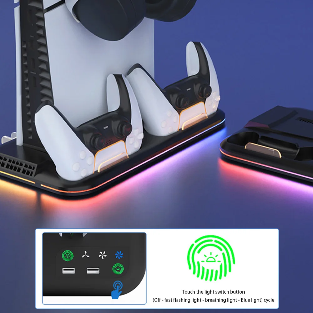 PS5 Slim Console Cooling Stand, Controlador, Suporte de carregamento com fone de ouvido, Gancho Fan, Luzes W/ RGB, Disco e Digital