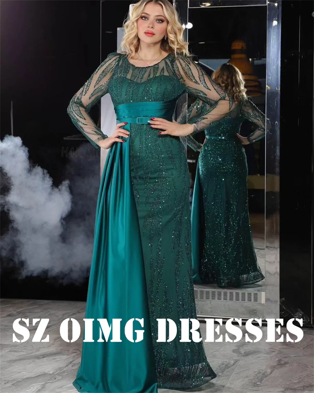 

OIMG New Design O-Neck Prom Dresses Saudi Arabic Women Sequined Mermaid Vintage Long Sleeves Evening Gowns Formal Party Dress