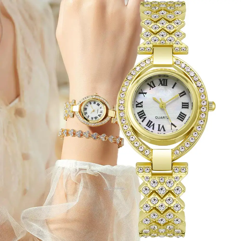 Luxury 2022 Brands Gold Women Quartz Watches Full Diamond Encrusted Seashell Surface Design Fashion Stainless Steel Strap Watch