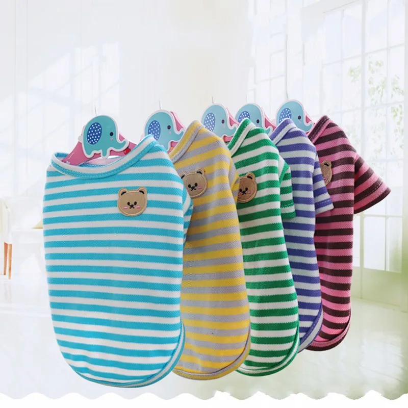 Bear Print Striped Cotton Dog Vest Summer Shirt Girls Puppy Costume Chihuahua Bichon Frise Dog Apparel Summer Clothes