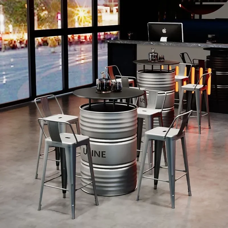 Industrial Oil Drum Bar Table and Chair Set Iron Paint Bucket High Table Small Round Table Leisure Furniture