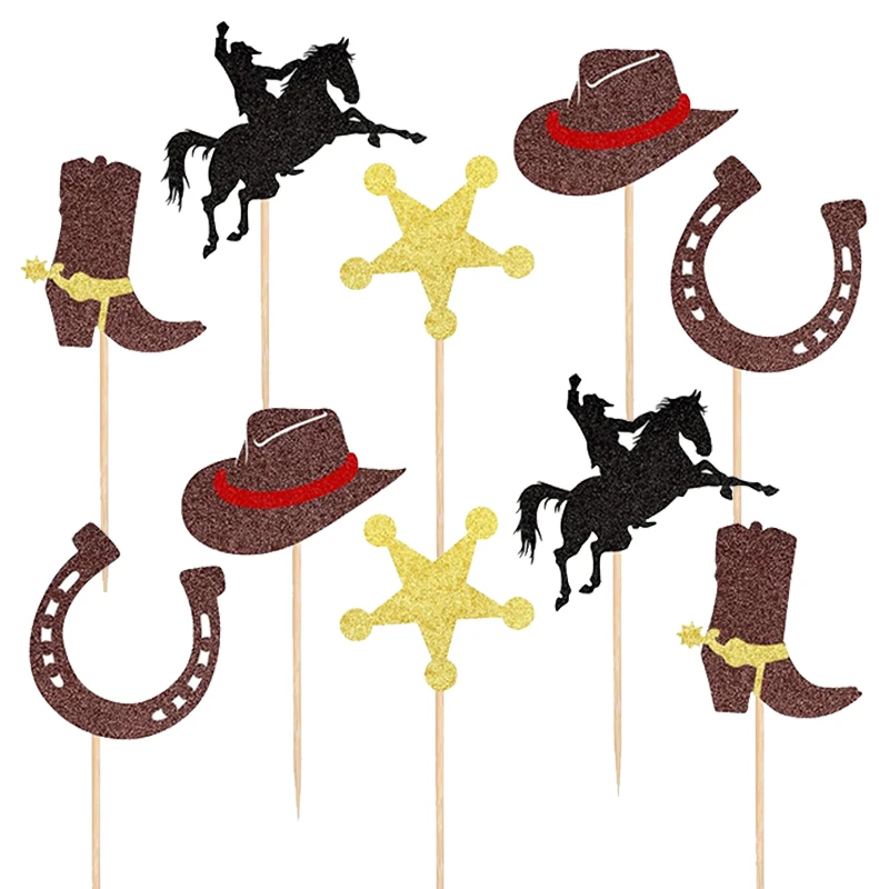 Décorations de fête Cowboy, 10/20 pièces, décoration de gâteau en papier pailleté, thème occidental de vacances d'anniversaire, décoration de célébration d'anniversaire