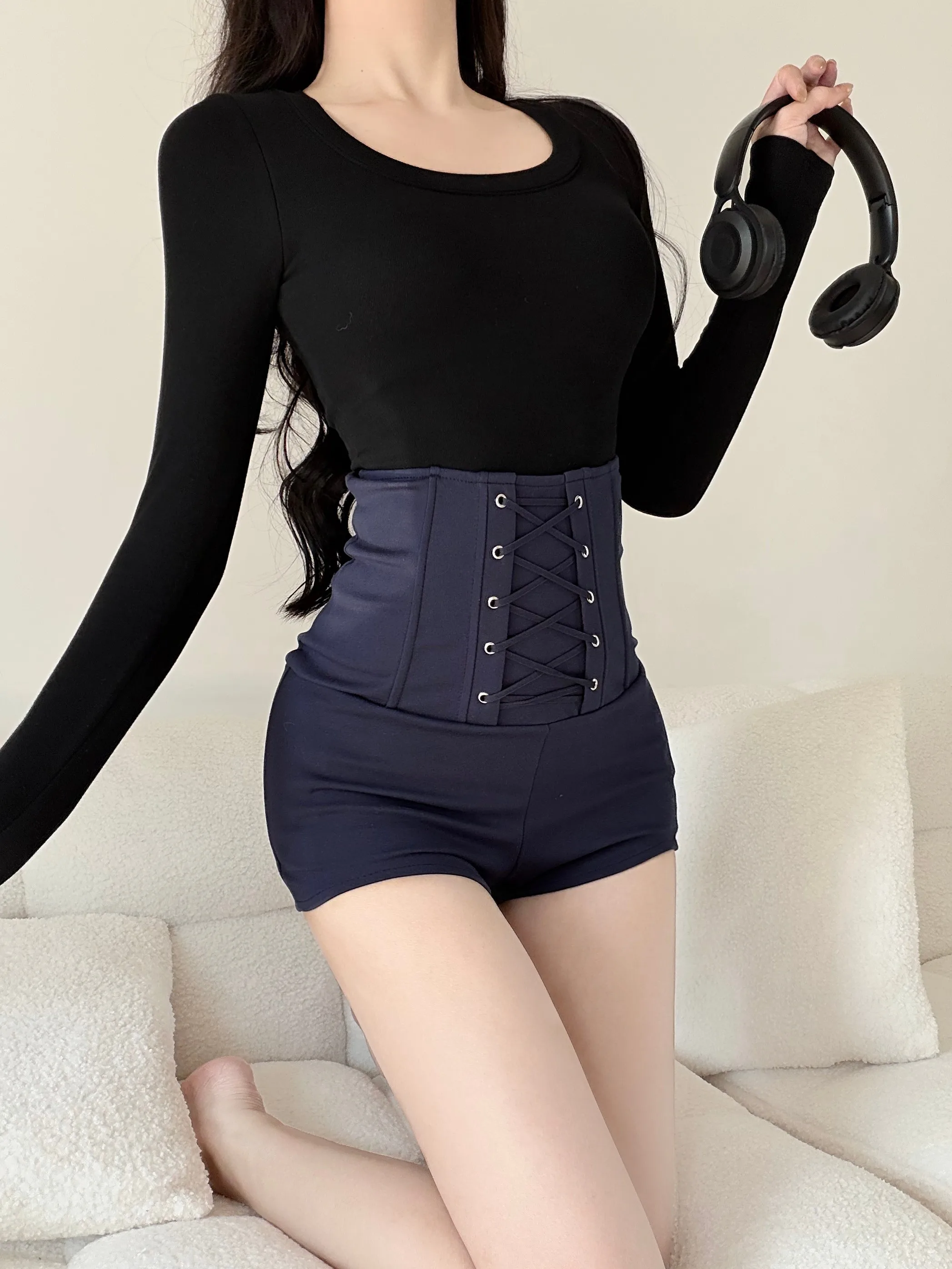 

Сексуальные облегающие шорты с высокой талией и поясом для женщин, с эффектом утяжки, с принтом «рыбья кость», для длинных ног