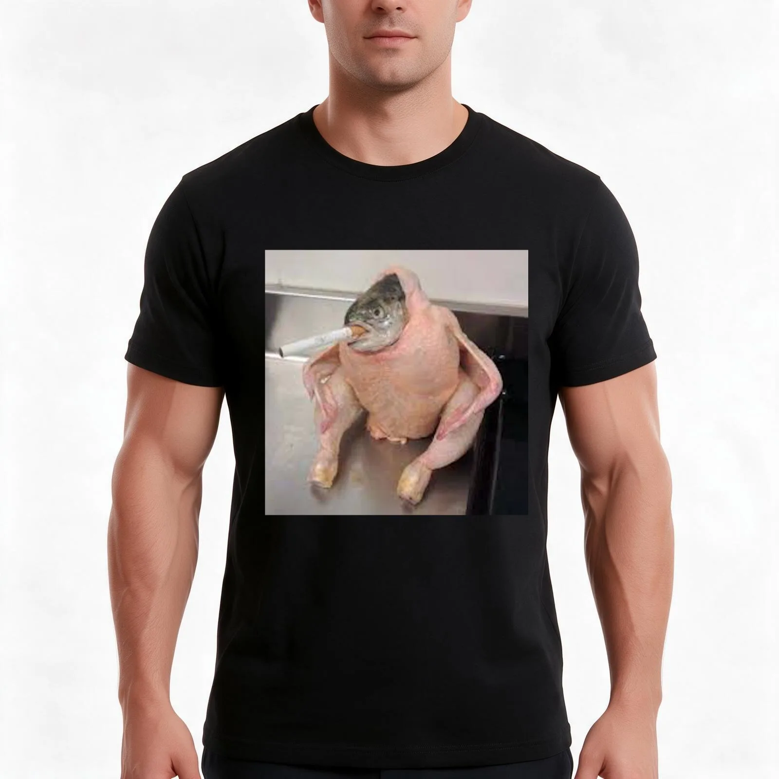 cursed images fish chicken T-Shirt, Summer Casual Cotton Tee, Oversized Streetwear Tops, Vintage Graphic Print, Unisex Men Women