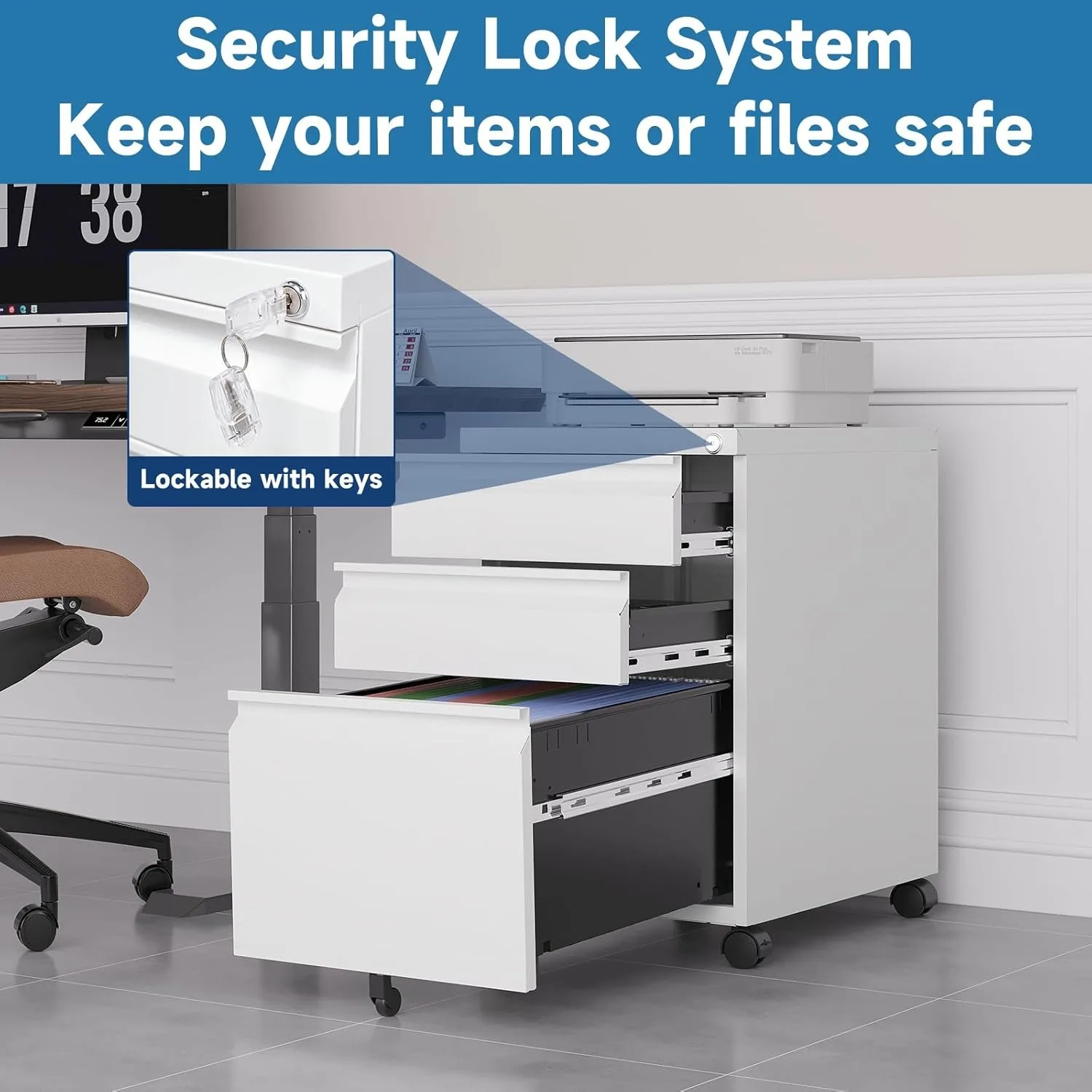 3 أدراج قابلة للقفل، خزانة ملفات تحت مكتب منزلي، خزانة ملفات قانونية/حرف/A4، أبيض #5