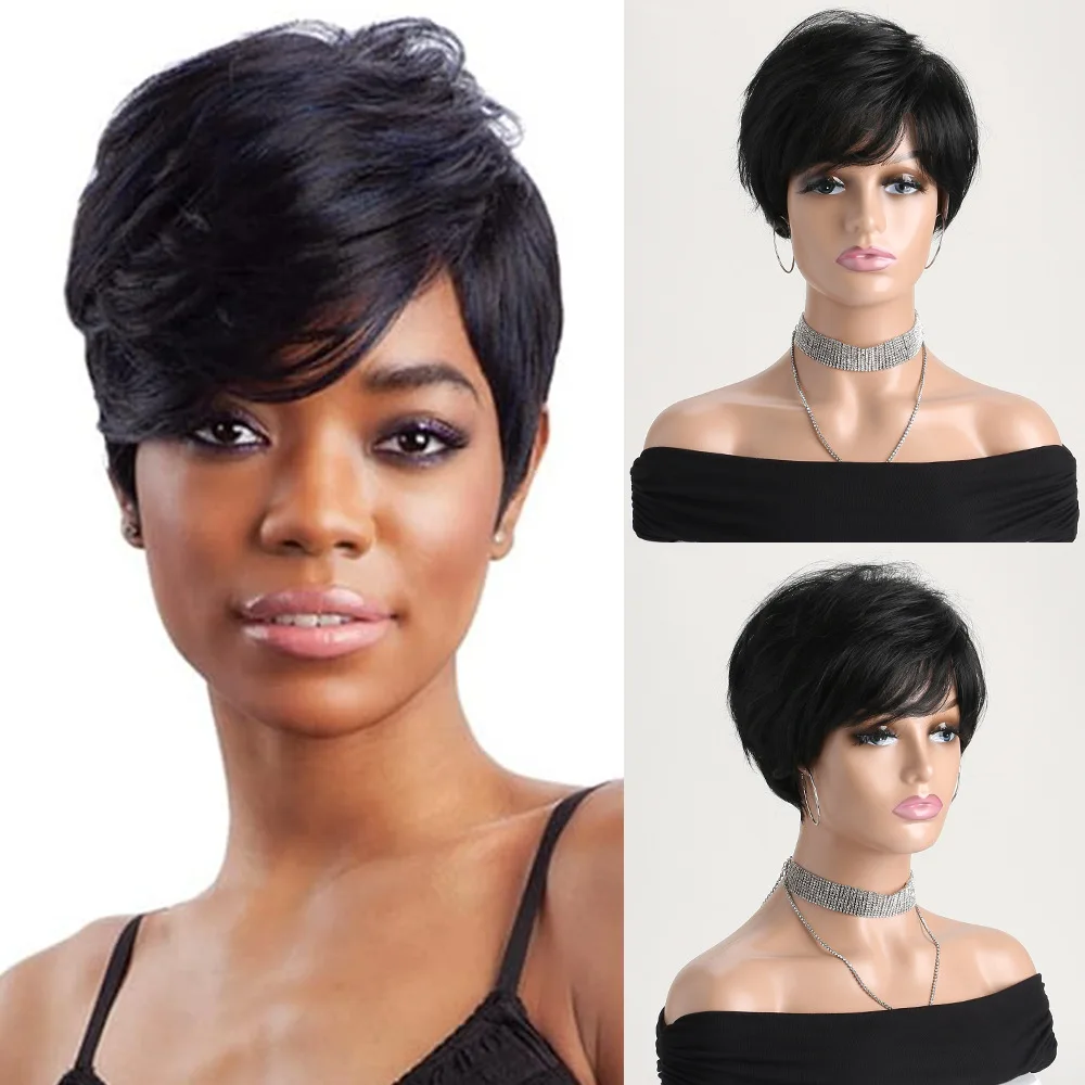 

European and American women's synthetic side-swept bangs black short hair wig, daily wear