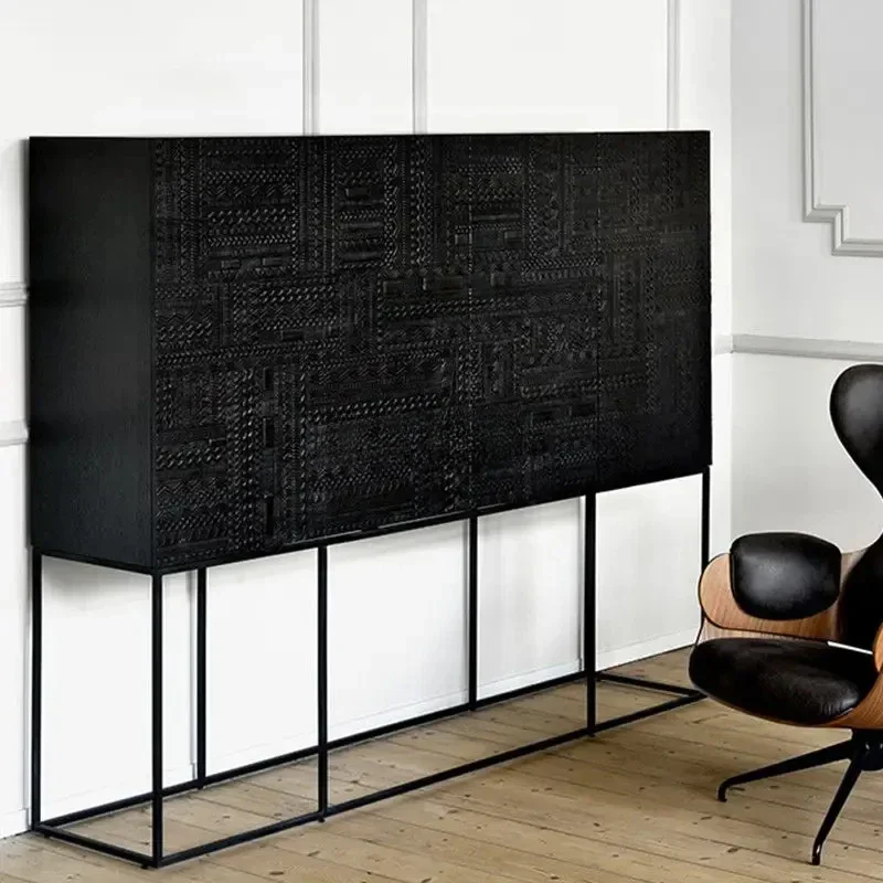 

Medieval teak carved dining side high cabinet entrance simple solid wood side cabinet