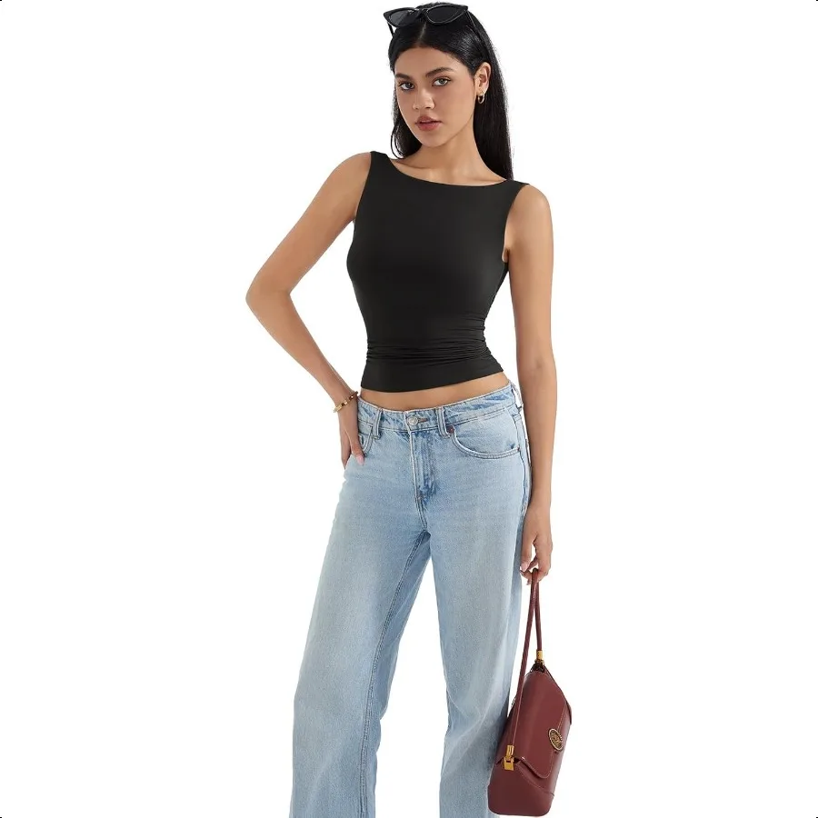 SUUKS قمصان نسائية مبطنة مفتوحة الظهر برقبة قارب وقمصان أساسية مبطنة مزدوجة