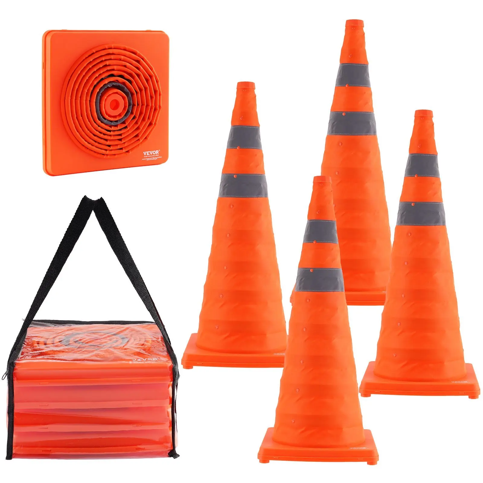 Safety Cones, 4 Pack 28 inch Collapsible Traffic Cones, Construction Cones with Reflective Collars, Wide Base and A Storage Bag