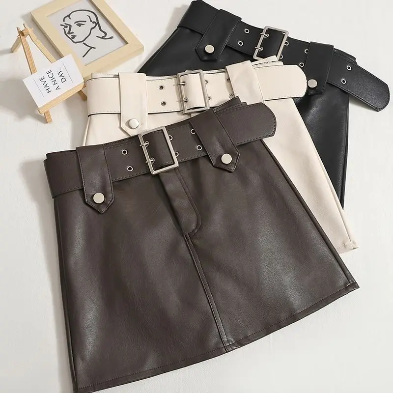 

Women's Brown Mini Leather Skirt Vintage Short Skirt Harajuku Korean Style Y2k Wrap Skirt with Belt 2000s Spring Summer Clothes