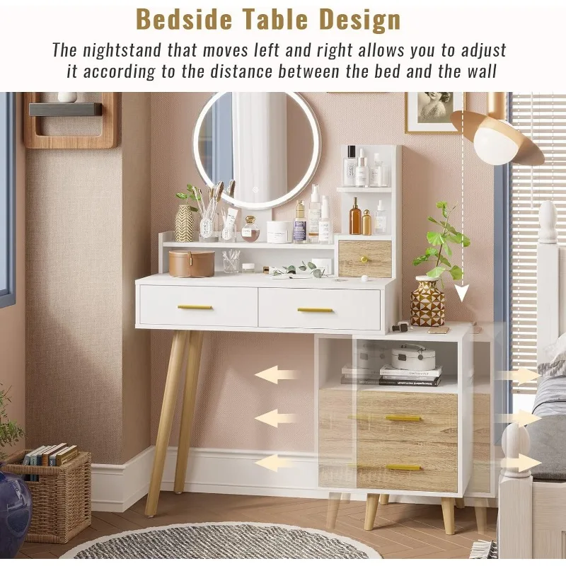 Vanity Mirror with Lights and Table Set, Makeup Vanity with 3 Color Lighting Modes & Touch Screen, Vanity Desk with Nightstand