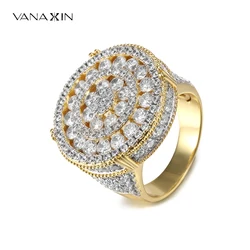 VANAXIN Round Rings Men CZ Inlaid Gold Silver Color Hip Hop Fashion Engagement Wide Jewelry Gift