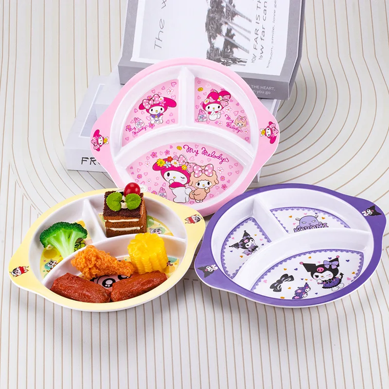 Sanrio Hello Kitty Dinner Plate Compartment Kuromi Children's Tableware Cartoon Breakfast Plate Creative Orbicular Food Plate