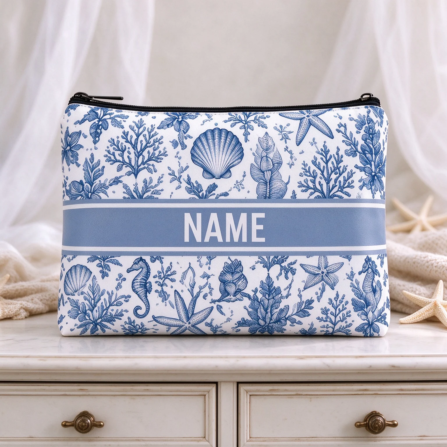 Bolsa de maquillaje personalizada con motivos de criaturas marinas, con nombre grabado, neceser de cosméticos con diseño de concha marina, caballito de mar y estrella de mar, bolsa de viaje para artículos de aseo, para mujer.