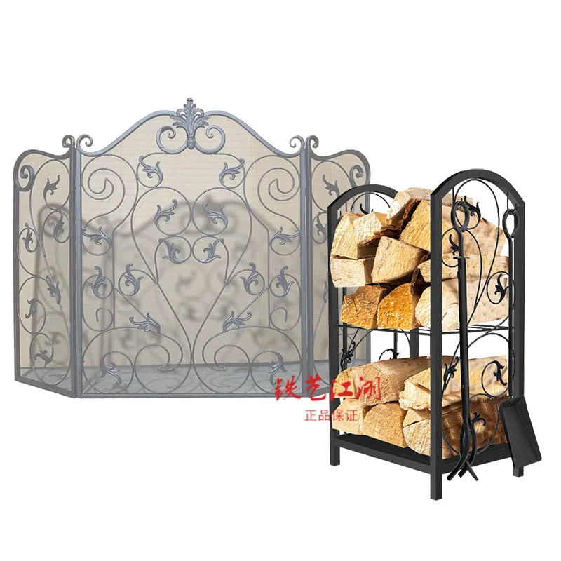 American floor-to-ceiling wrought iron multi-layer firewood storage rack, new fireplace, shovel, brush, firewood tool display st