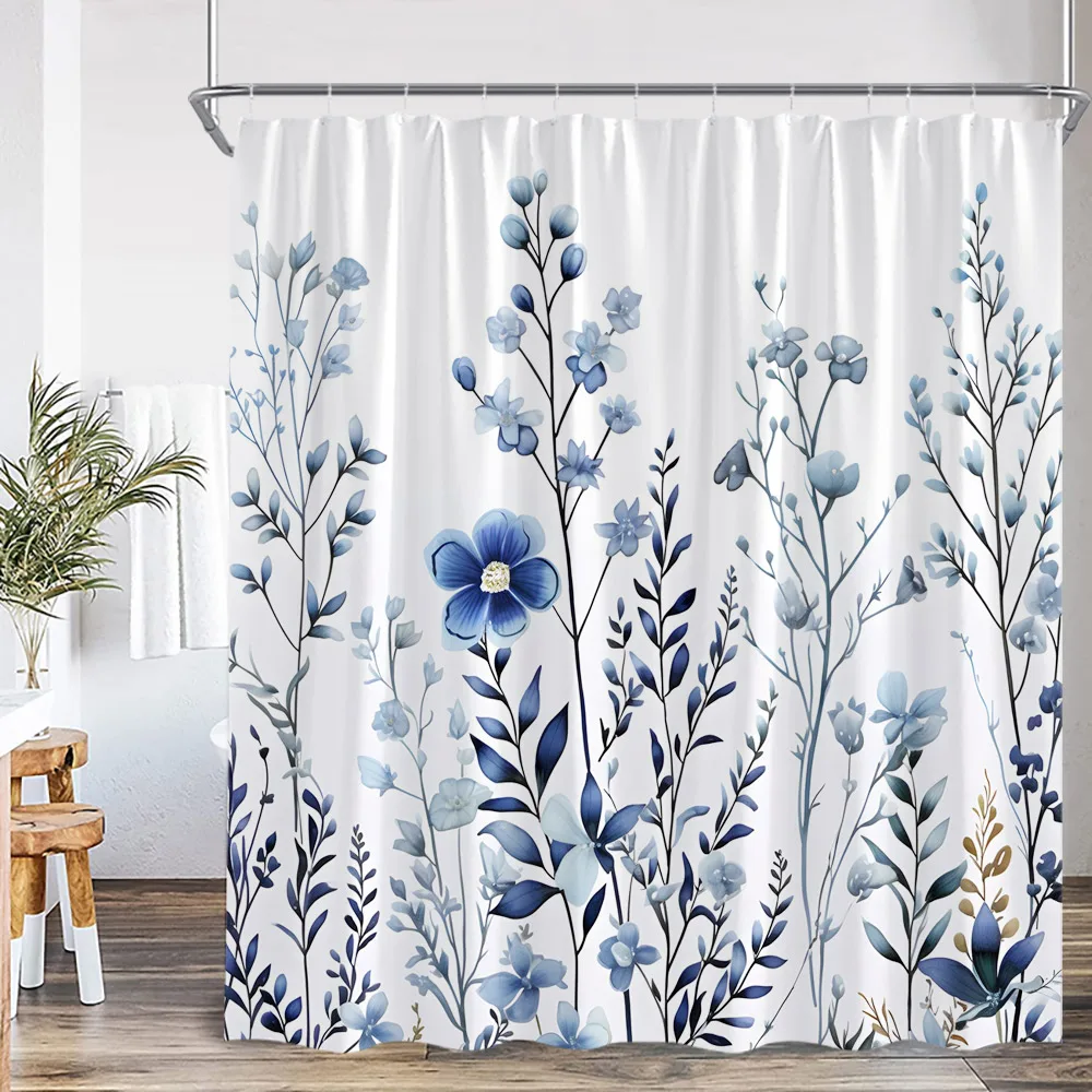 

Floral Leaf Shower Curtain Green Leaves Colorful Flower Plant Nordic Bathroom Decor Modern Polyester Bath Curtain with Hook