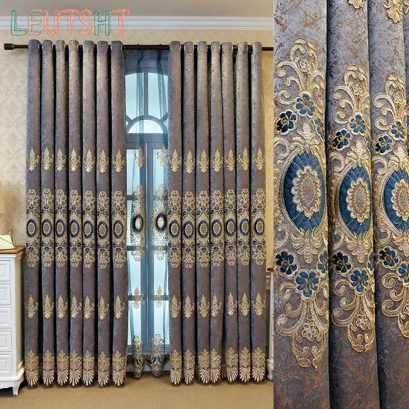 2024 New European Style Simple Gold Thread Embroidered Curtains for Living Room Bedroom Study Blackout Curtain Customization