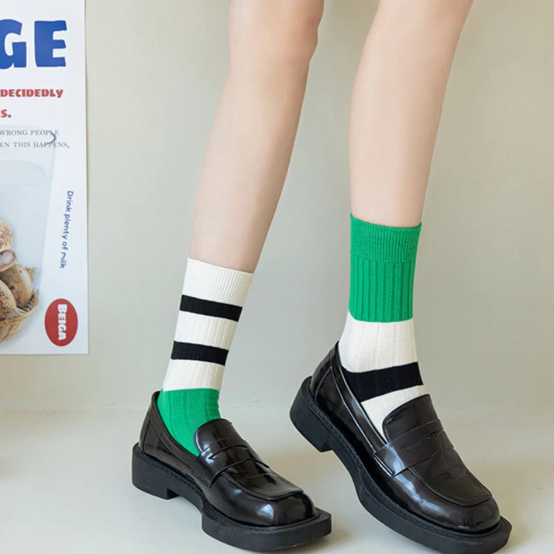 Ladies' Socks Korean Contrast Color Vintage Striped Harajuku Versatile Casual High Quality Comfort Breath Cotton Socks For Girl